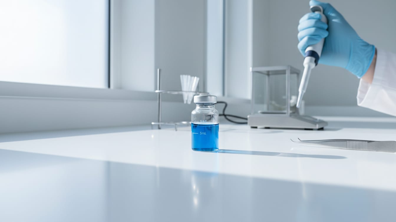 Illustration: A clear glass vial of clear liquid on a white lab bench.