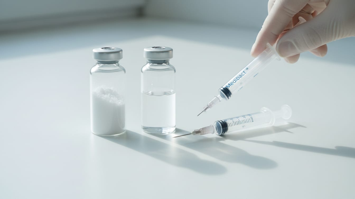 Illustration: Two clear glass vials, one with lyophilized powder, one with water, an insulin syringe.