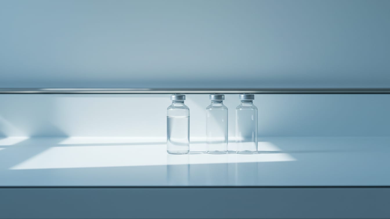 Illustration: Two clear glass vials, one partially filled with water, on a white lab bench.