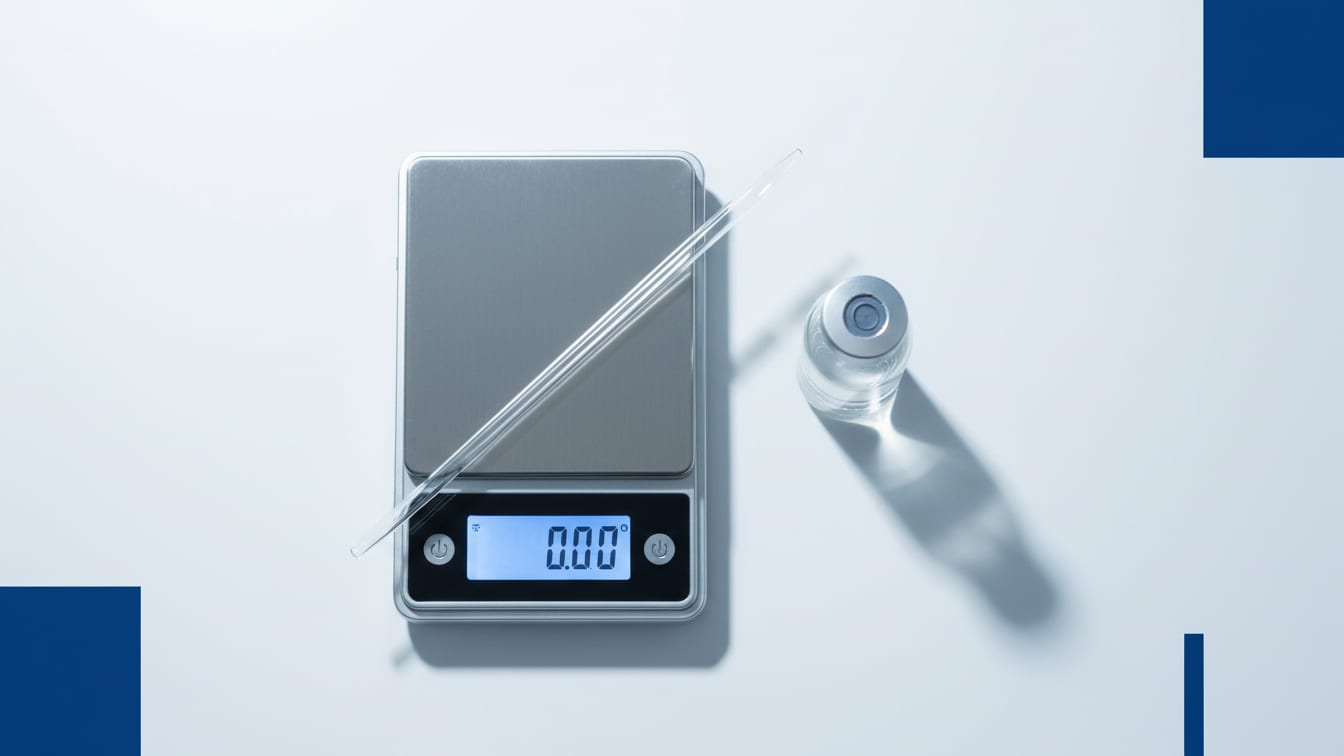 Illustration: A digital scale, a clear glass vial, and a pipette precisely arranged on a white surface.