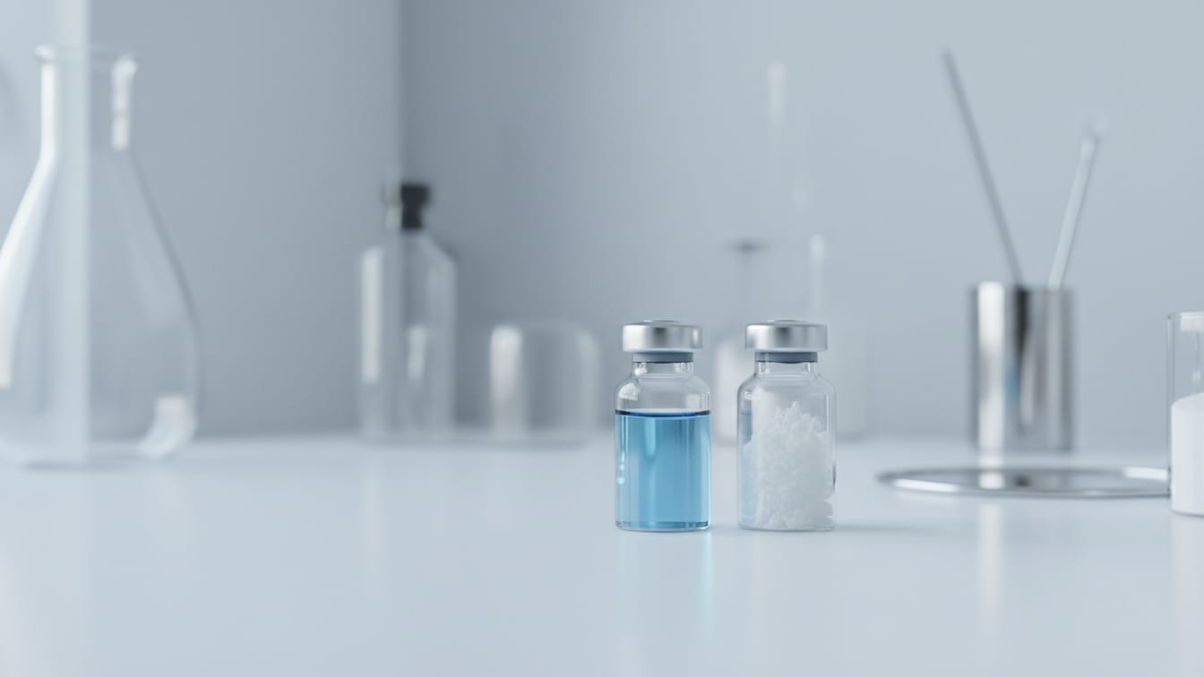 Illustration: A clear glass vial with pale blue liquid next to a vial of white lyophilized powder on a white bench.
