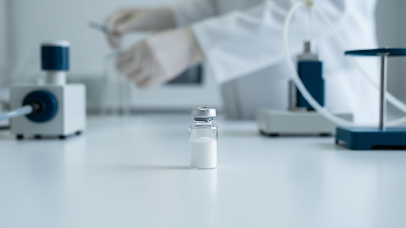 Illustration: A glass vial of white lyophilized powder on a white bench, softly lit.