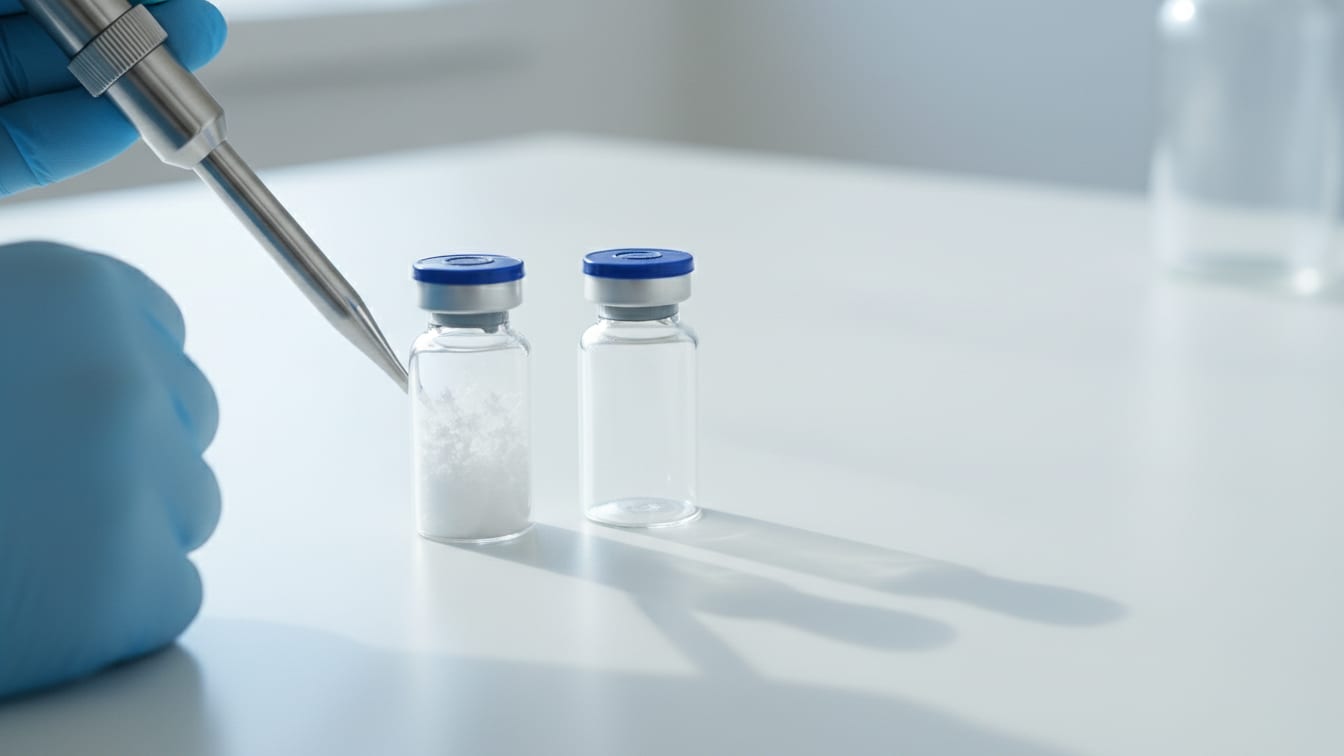 Illustration: Two clear glass vials, one containing lyophilized powder and the other empty, on a white surface.