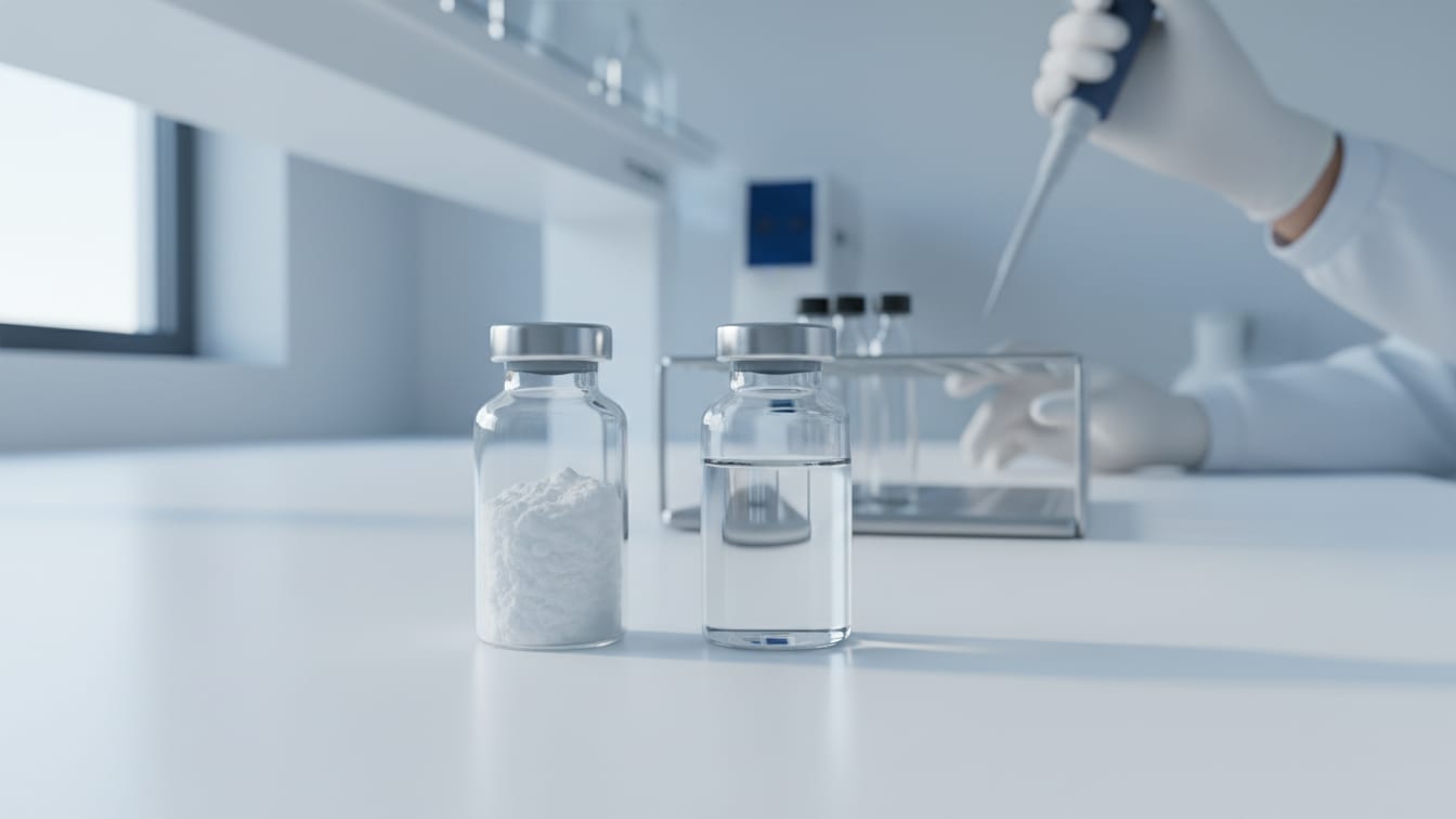 Illustration: A vial of lyophilized powder next to a vial of sterile water on a white surface.
