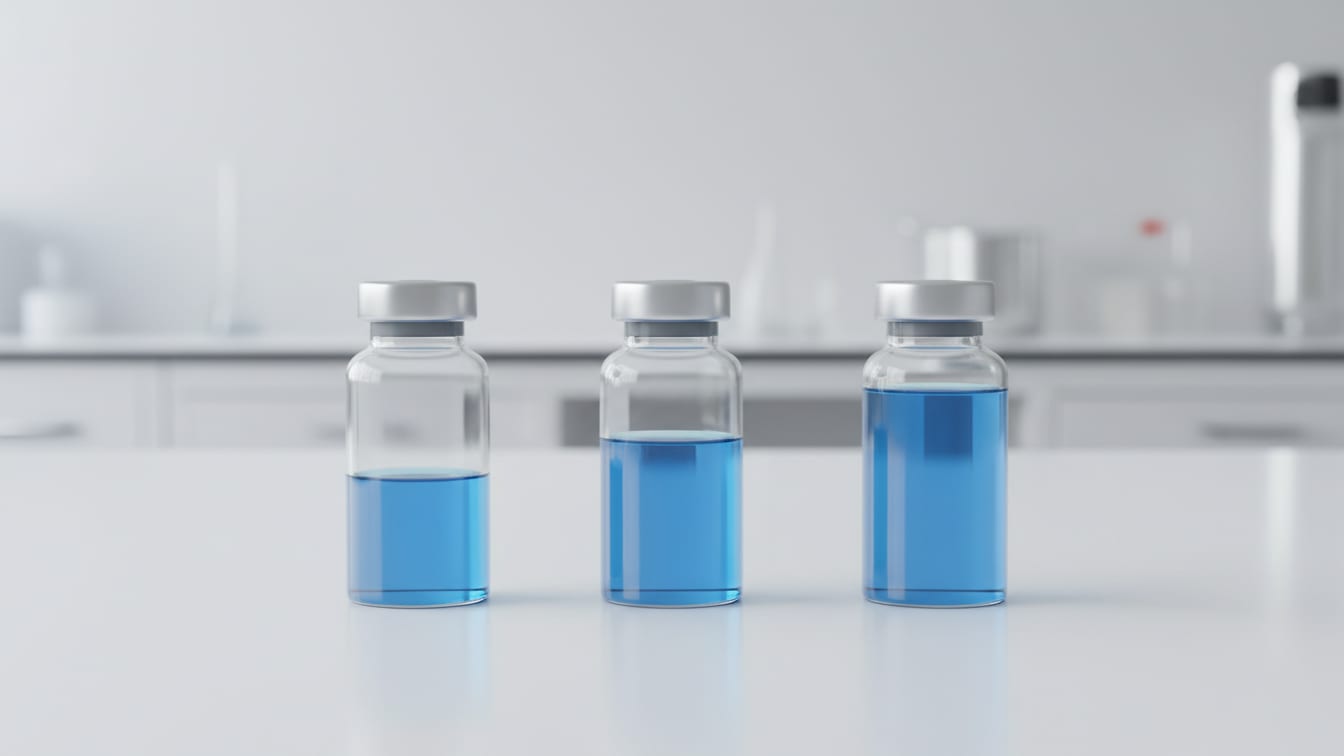 Illustration: Three clear glass vials with varying liquid levels on a white lab bench.