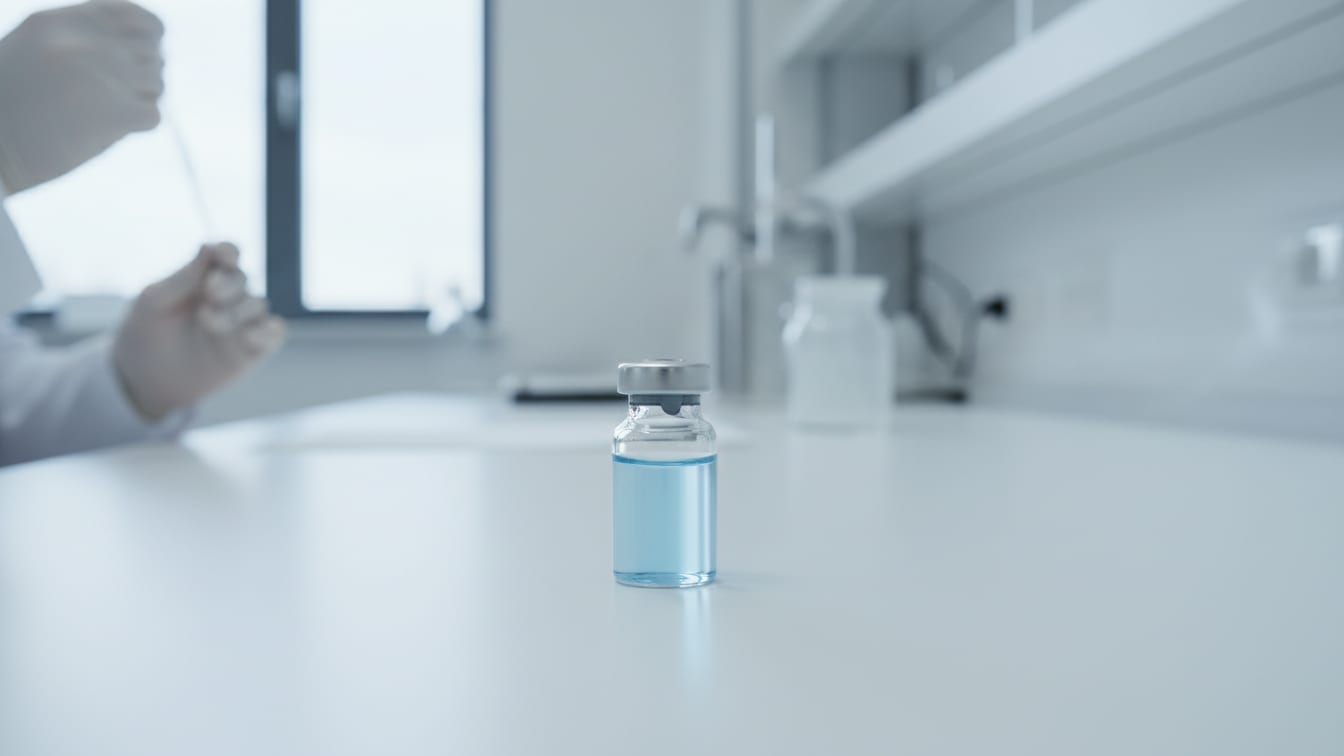 Illustration: A clear glass vial with pale blue liquid on a white lab bench.