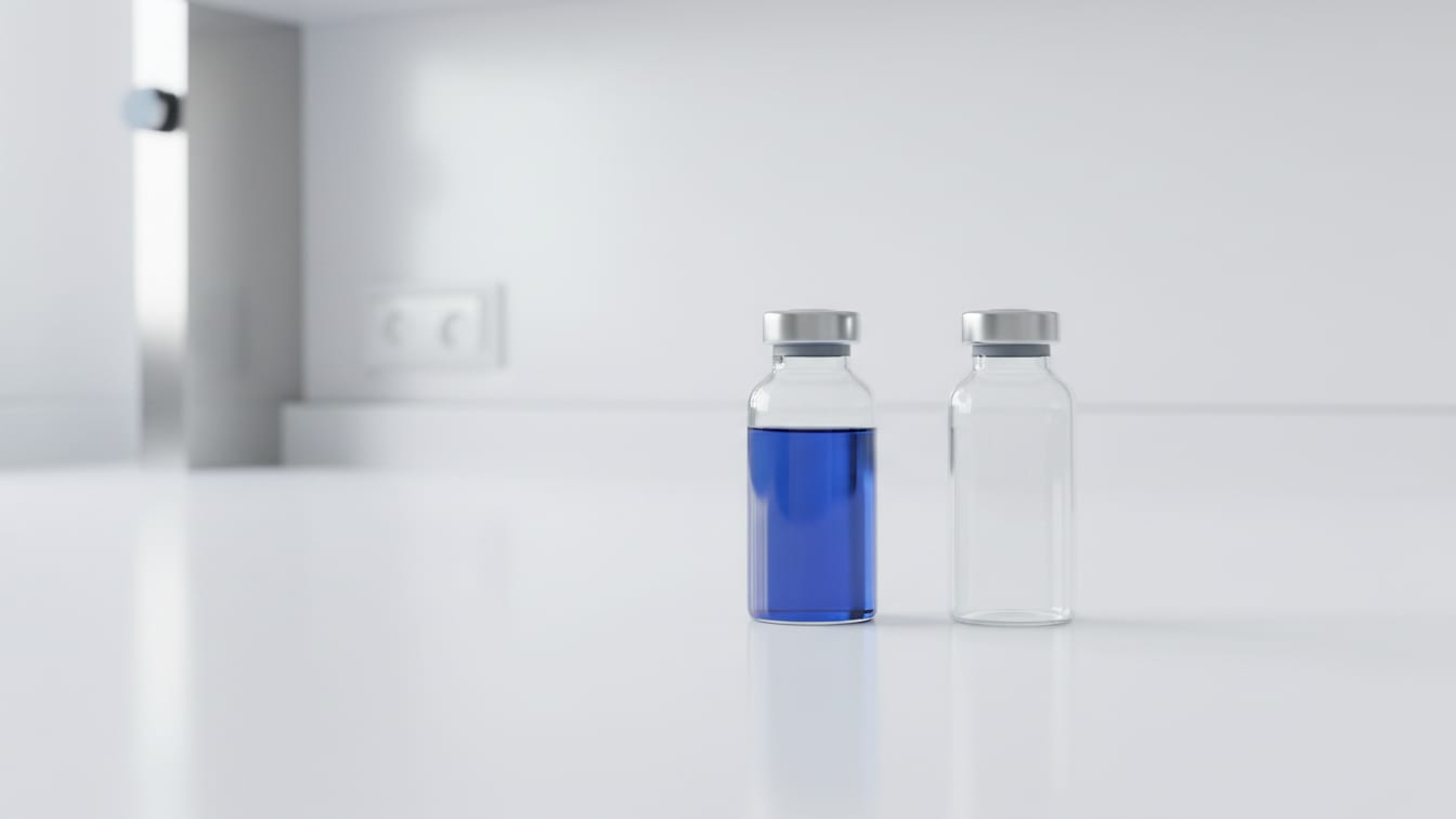 Illustration: Two clear glass vials on a white surface, one with blue liquid, one empty.