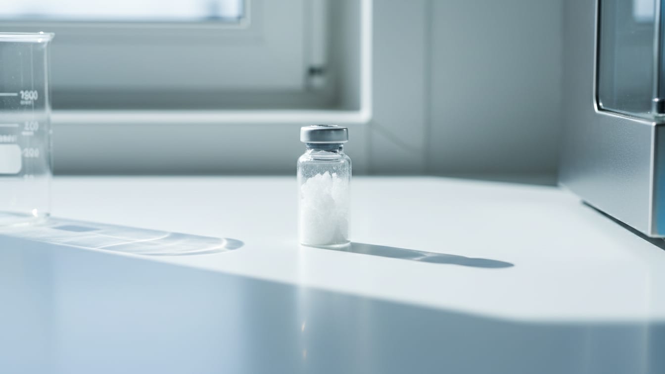 Illustration: A single clear glass vial of white lyophilized powder on a white lab bench.