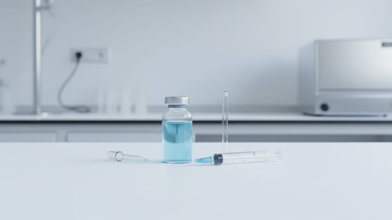 Illustration: A clear glass vial with pale blue liquid, a U-100 insulin syringe.