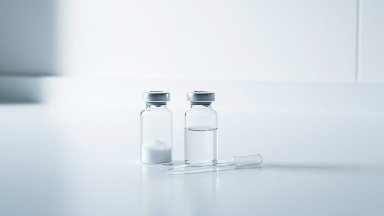Illustration: Two clear glass vials, one with lyophilized powder, one with water, and a pipette.