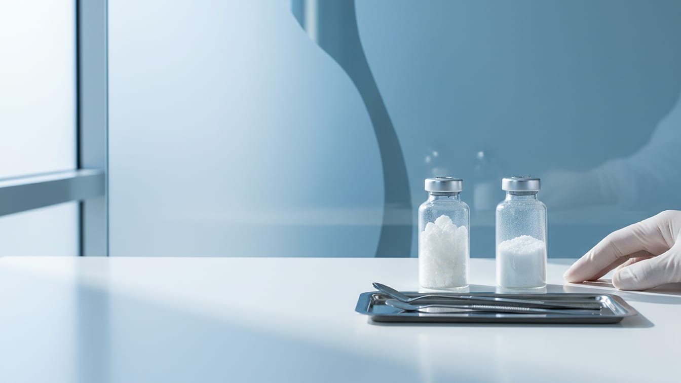 Illustration: Two clear glass vials of distinct white lyophilized powders on a white laboratory bench.