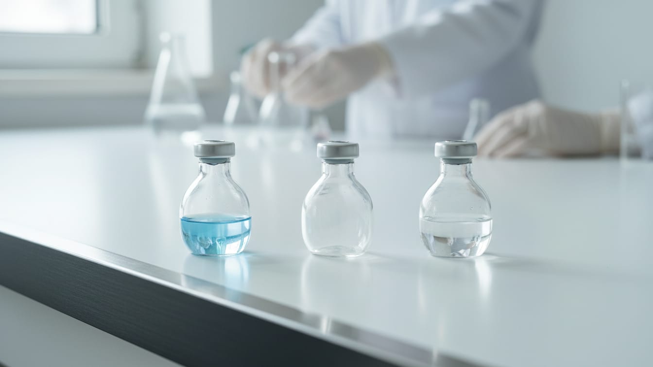 Illustration: Three clear glass vials on a white lab bench, one with pale blue liquid, one empty.