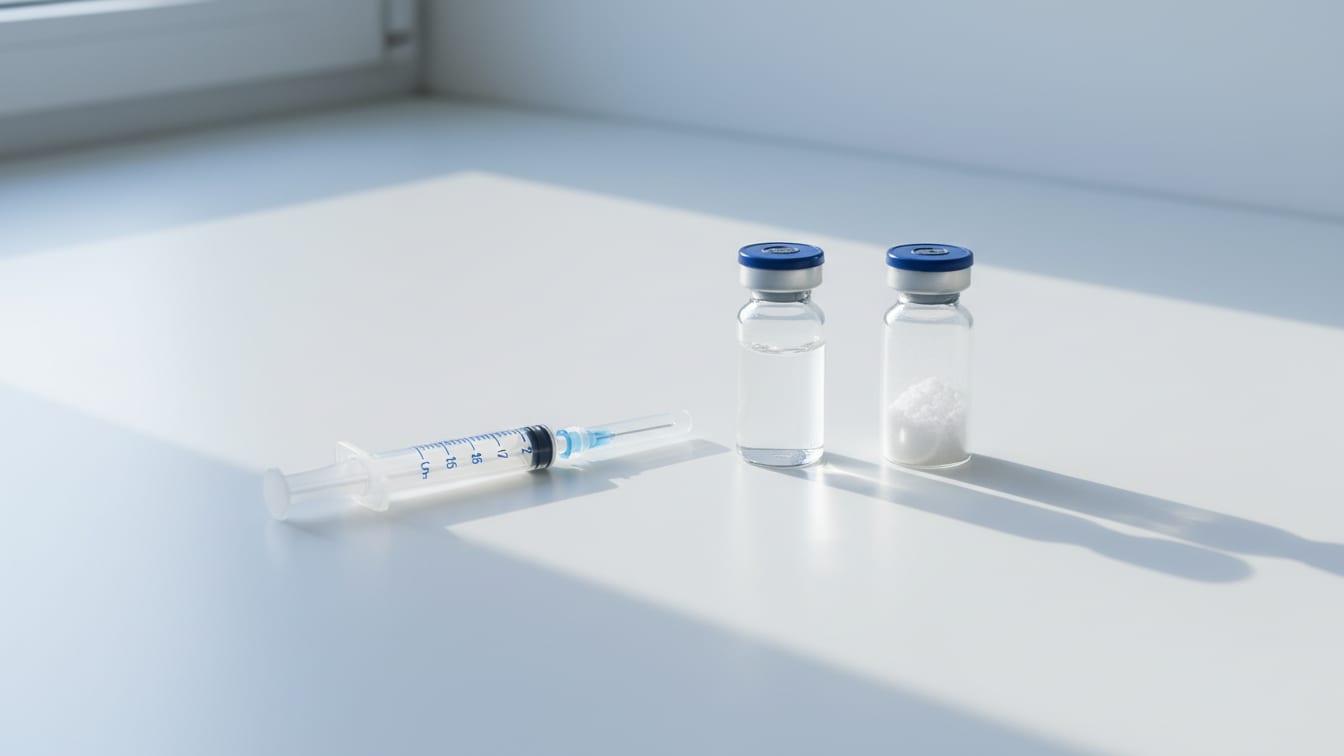 Illustration: An uncapped insulin syringe, a clear liquid vial, and a lyophilized powder vial on a white surface.