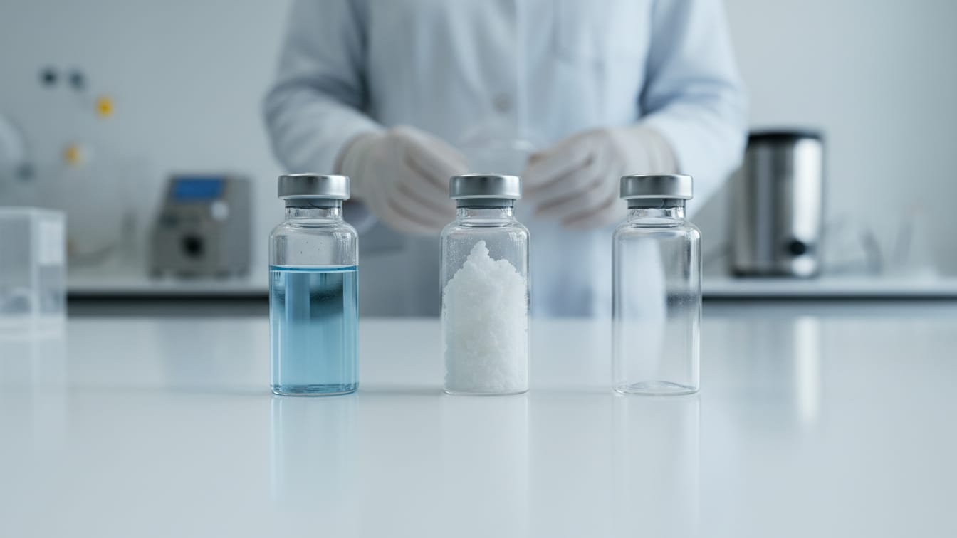 Illustration: Three clear glass vials, one with pale blue liquid, one with white powder, and one empty.