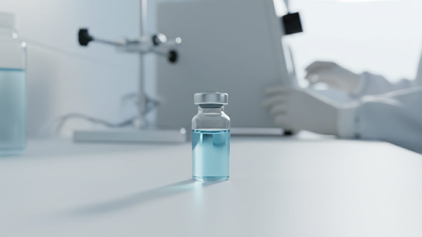 Illustration: A clear glass vial with a small volume of pale blue liquid on a white lab bench, softly lit.
