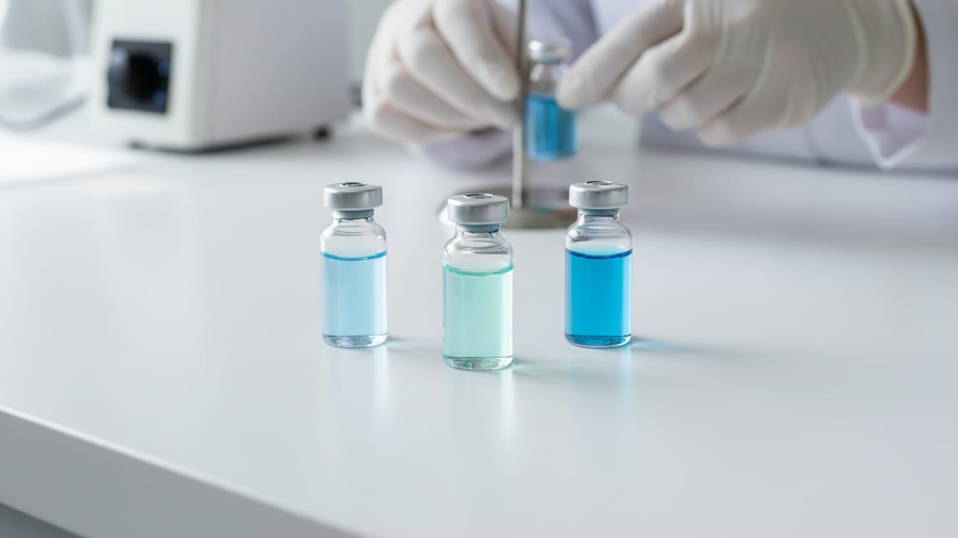 Illustration: Three clear glass vials, each with a subtly different pale blue liquid, on a white lab bench.