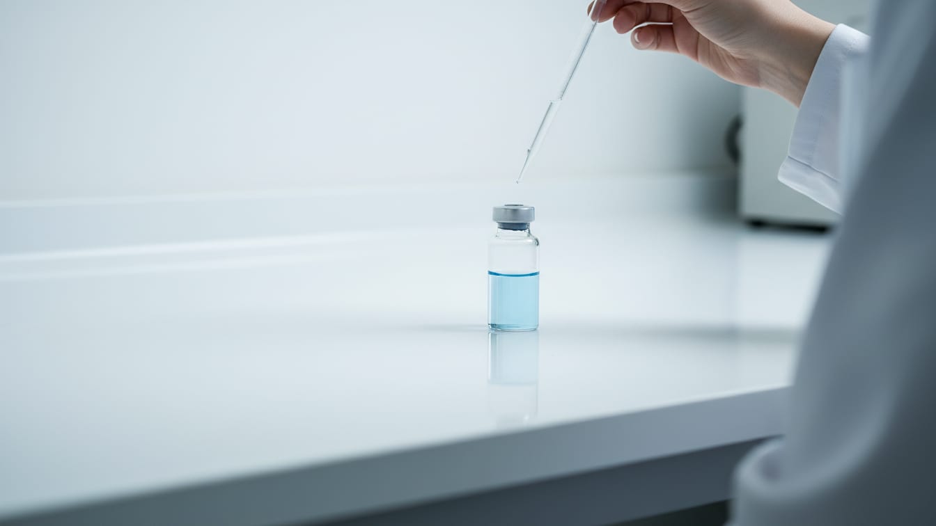 Illustration: A clear glass vial with pale blue liquid on a white lab bench, softly lit.