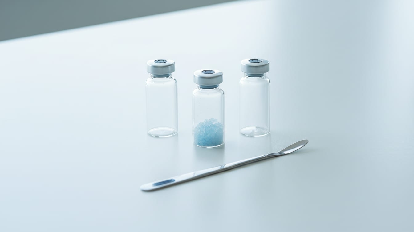 Illustration: Three clear glass vials on a white lab bench, one with pale blue powder, and a metal spatula.