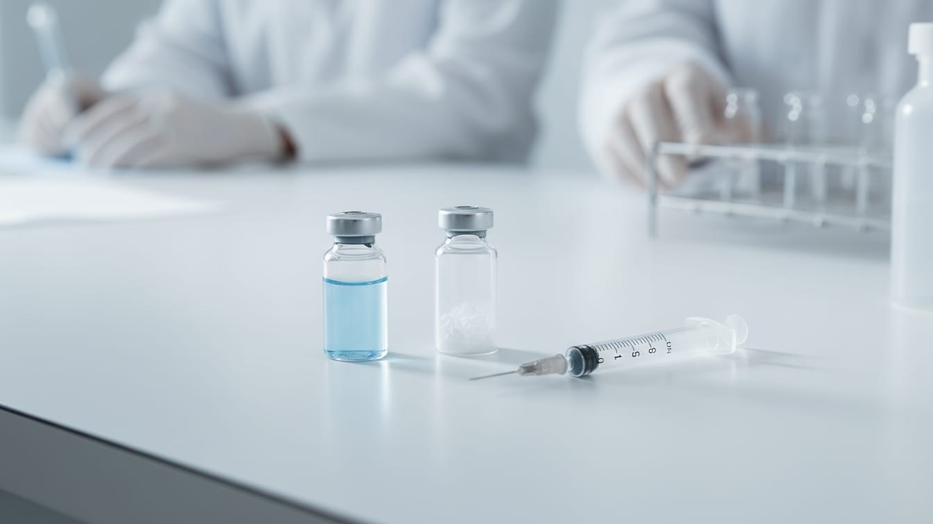 Illustration: A clear glass vial with pale blue liquid, an empty lyophilized powder vial.