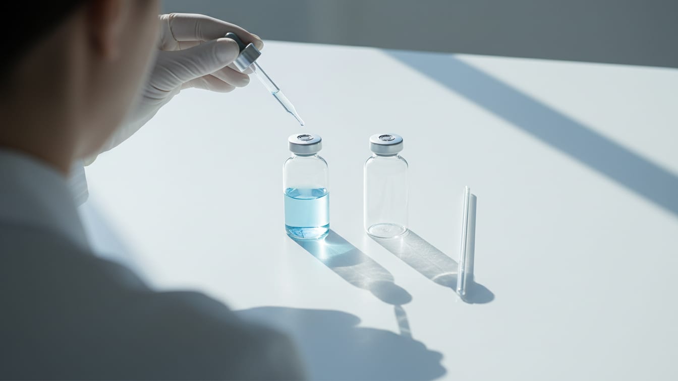 Illustration: Two clear glass vials, one with pale blue liquid, one empty.