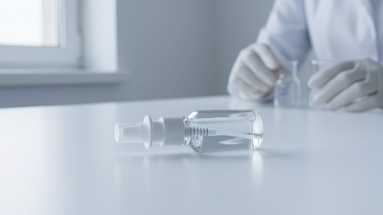 Illustration: A clear glass nasal spray bottle on a white lab bench.