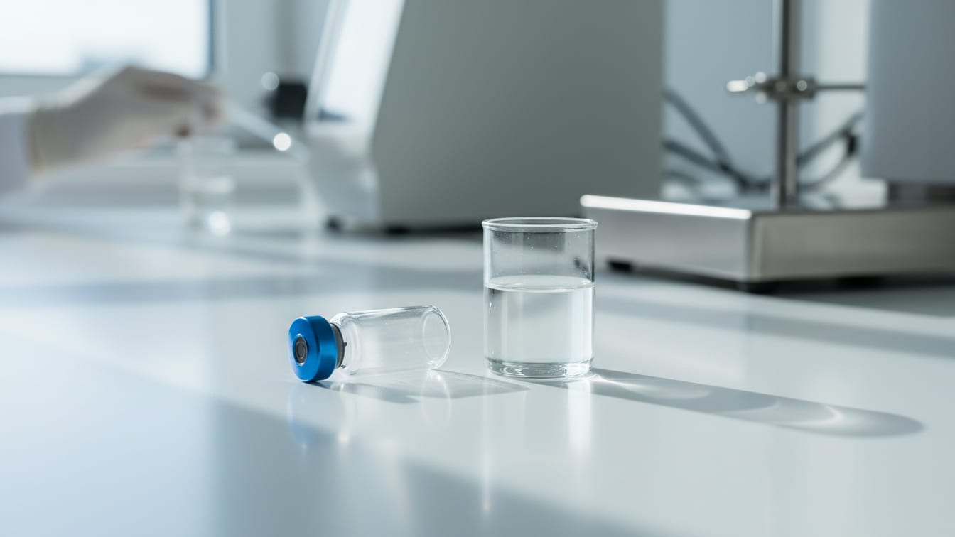 Illustration: An empty vial and a beaker of clear liquid on a white lab bench.