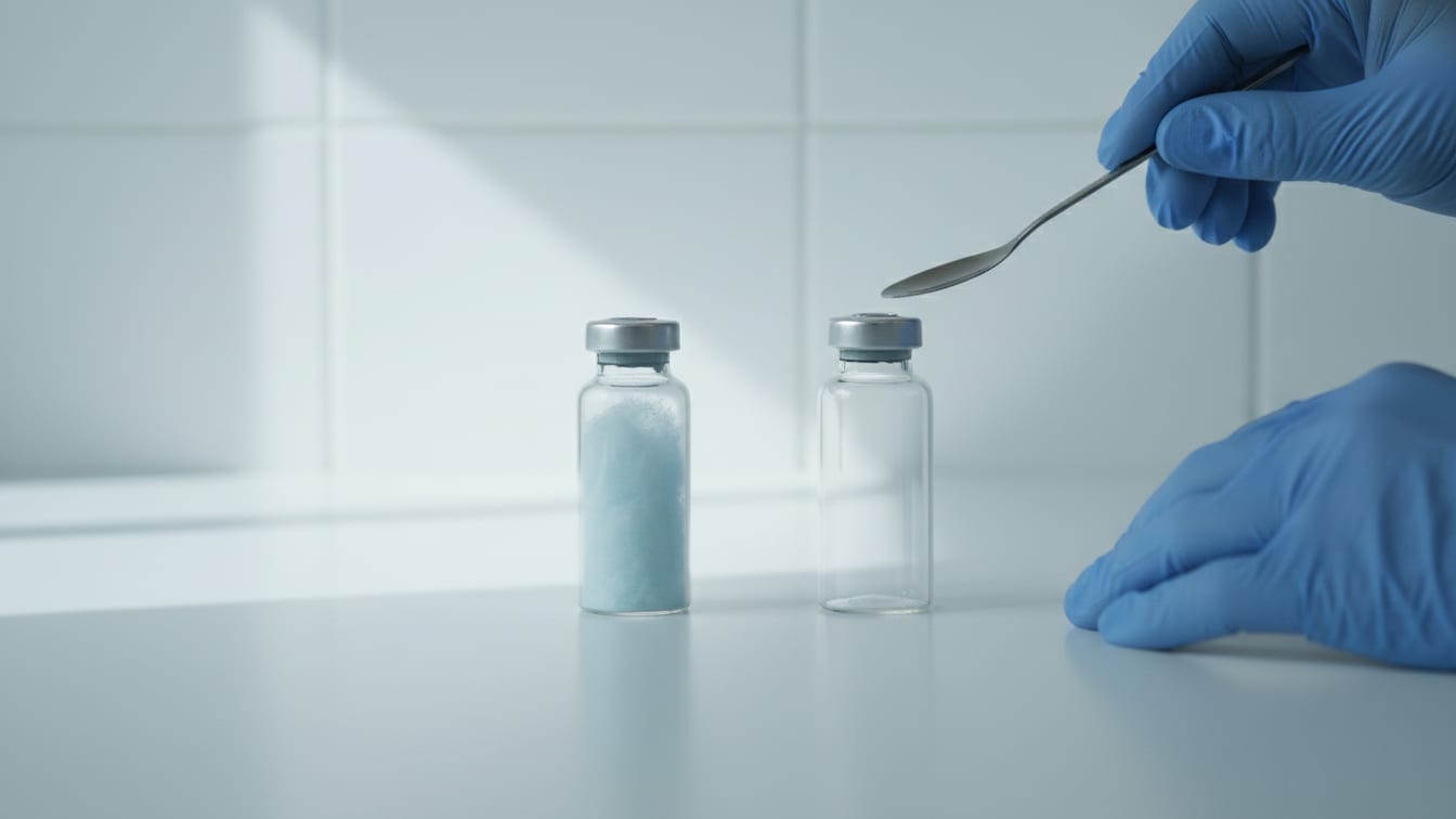 Illustration: Two clear glass vials, both empty, on a white lab bench, softly lit.