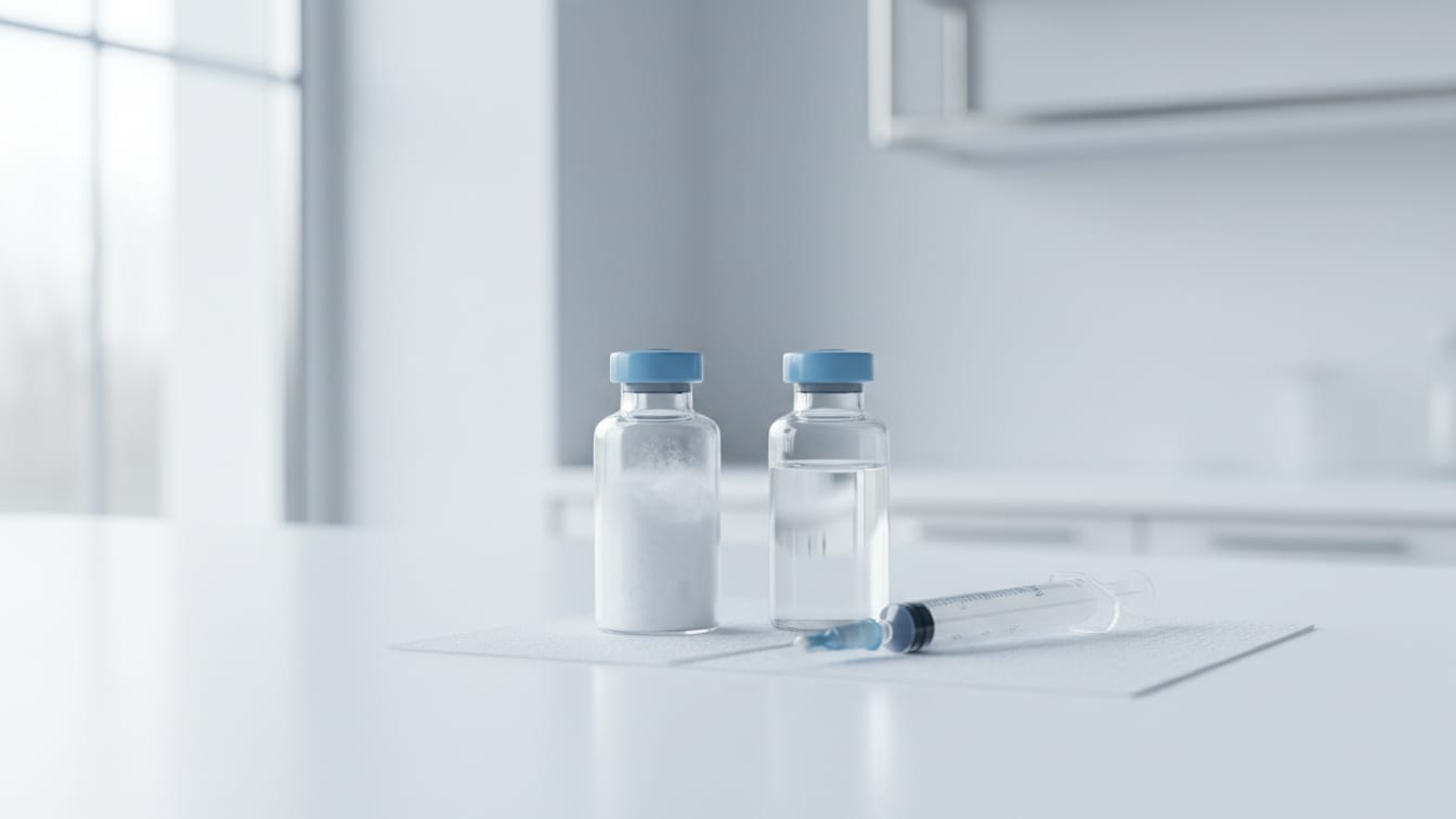 Illustration: Two clear glass vials, one with powder, one with clear liquid, and a syringe on a white surface.