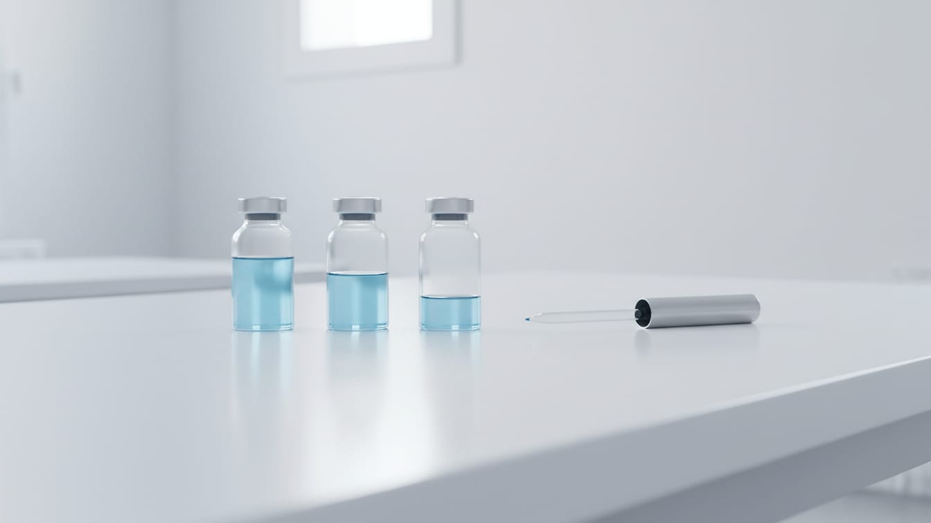 Illustration: Three clear glass vials with varying pale blue liquid levels and a pipette on a white lab bench.